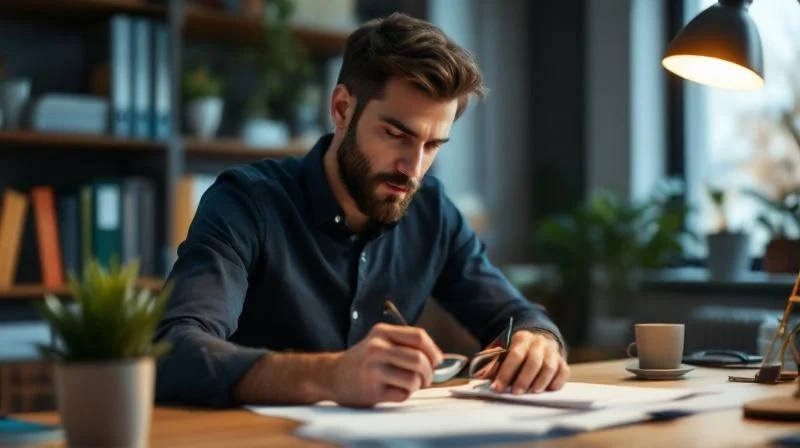 Frau mit Unterlagen am Schreibtisch plant ihre Weiterbildungsfinanzierung in NRW