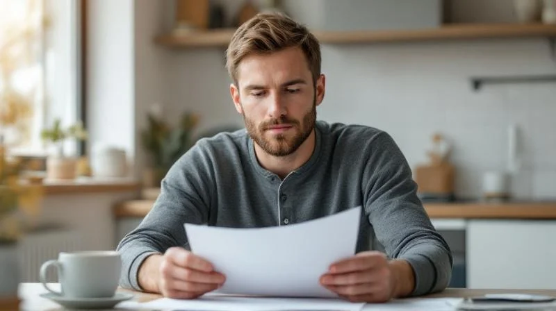 Mann liest Unterlagen am Kuechentisch in einer Wohnung in Marl