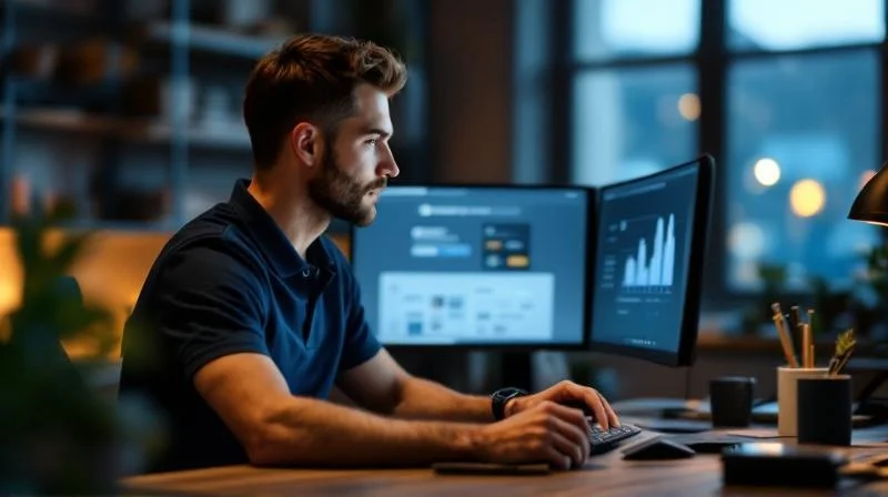 Mann am Laptop lernt online in einem hellen Buero in Marl