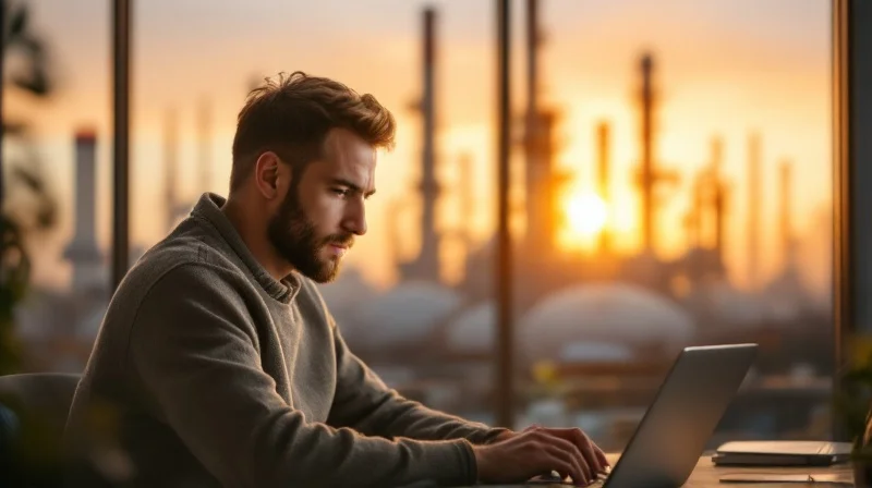 Marler Angestellter im Büro nahe dem Chemiepark mit Laptop, im Hintergrund Industriekulisse