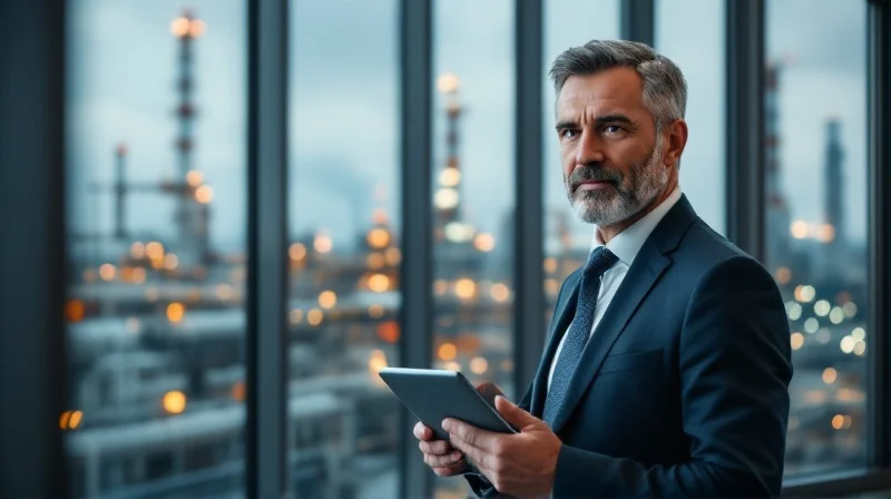 Marler Werksleiter im Bürogebäude am Chemiepark mit Blick auf Rohrleitungen und Produktionsanlagen
