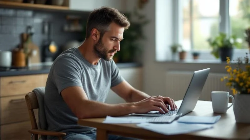 Chemikant aus Marl prüft am Wochenende Werbungskosten-Belege zu Hause am Laptop