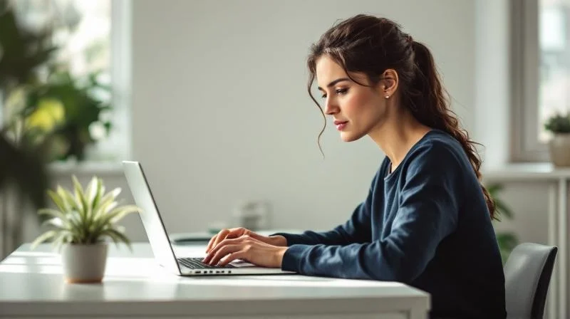 Frau arbeitet konzentriert am Laptop in einem modernen Arbeitsbereich in Marl